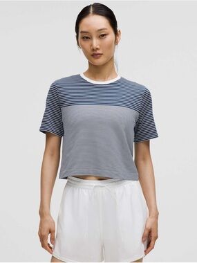 lululemon athletica Navy and White Striped Cropped Tee